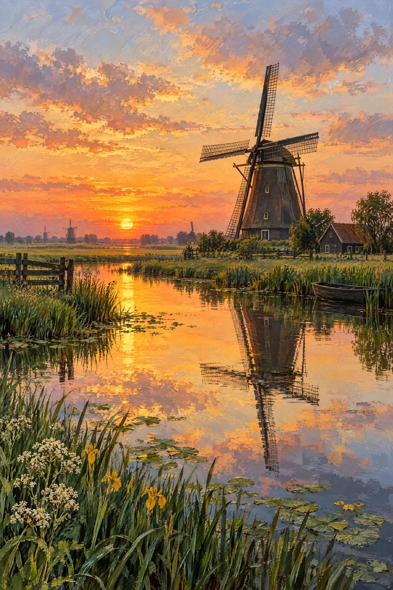 Foto verticale di un mulino sull'acqua al tramonto, un'immagine che su una tazza va in gran parte persa