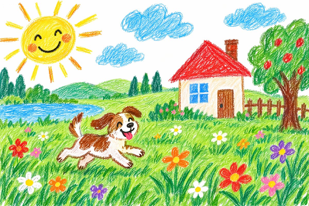 Disegno a pastelli a cera di un bambino: un cane che corre sull'erba, una casa con il tetto rosso e un sole sorridente