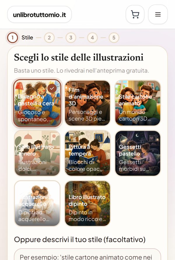 Passo 1 sul telefono: otto stili di illustrazione tra cui scegliere, con Disegno a pastelli a cera selezionato