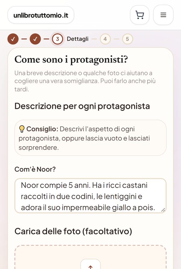 Passo 3: una breve descrizione di Noor, e sotto lo spazio per caricare delle foto