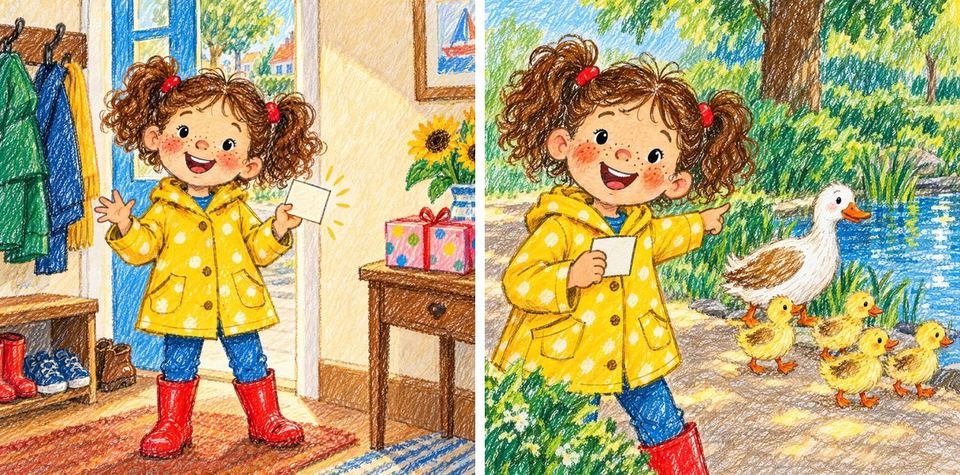 Due pagine del libro: Noor restituisce le bandierine al fornaio e sposta un ramo per gli anatroccoli