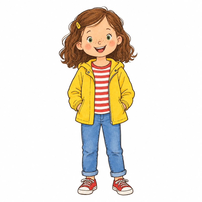 La stessa bambina disegnata come personaggio di un albo illustrato, con i vestiti che indossa in ogni pagina