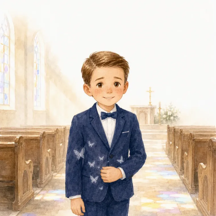 Daan nel suo completo blu nella navata della chiesa, con le farfalle sulla giacca