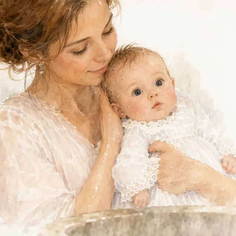 La mamma stringe a sé Lotte, con i capelli ancora bagnati dopo il battesimo