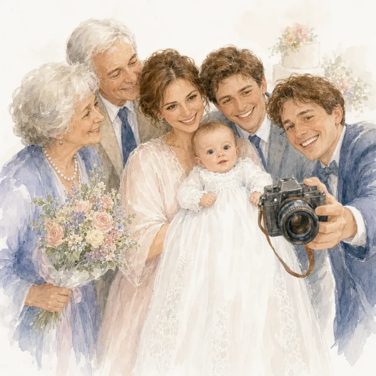 Tutta la famiglia attorno a Lotte mentre lo zio scatta la foto