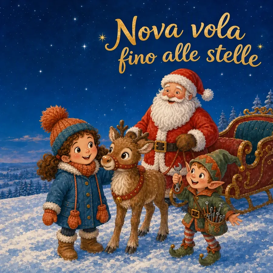 Copertina del libro di Natale con Fenna, Nova la renna, Babbo Natale e Pip l'elfo nella neve