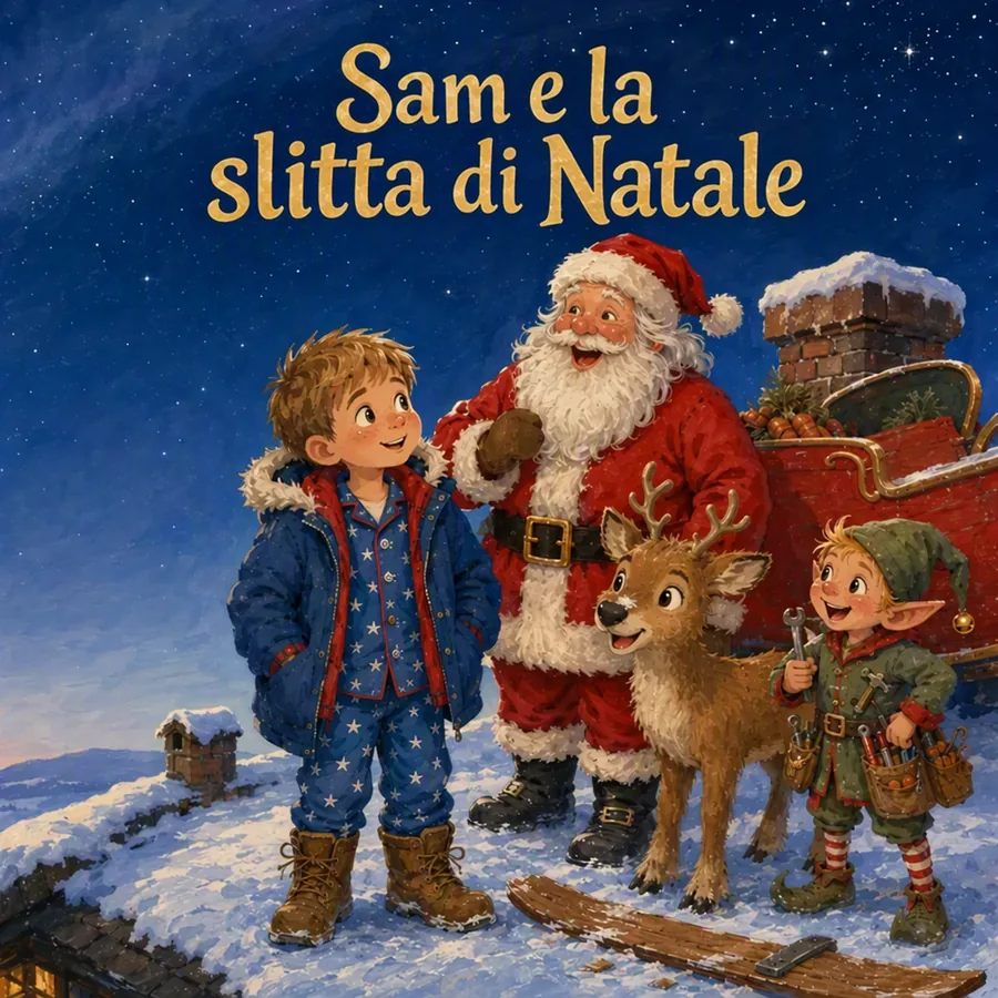 Copertina del libro di Natale con Sam, Babbo Natale, Nova la renna e Pip l'elfo su un tetto innevato