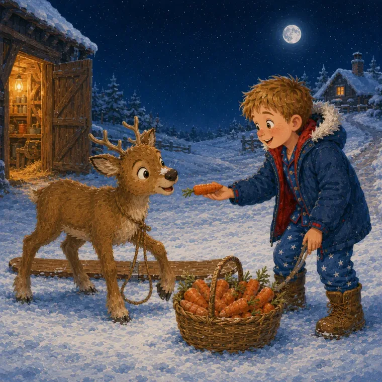 Sam dà una carota a Nova la renna davanti al capanno illuminato