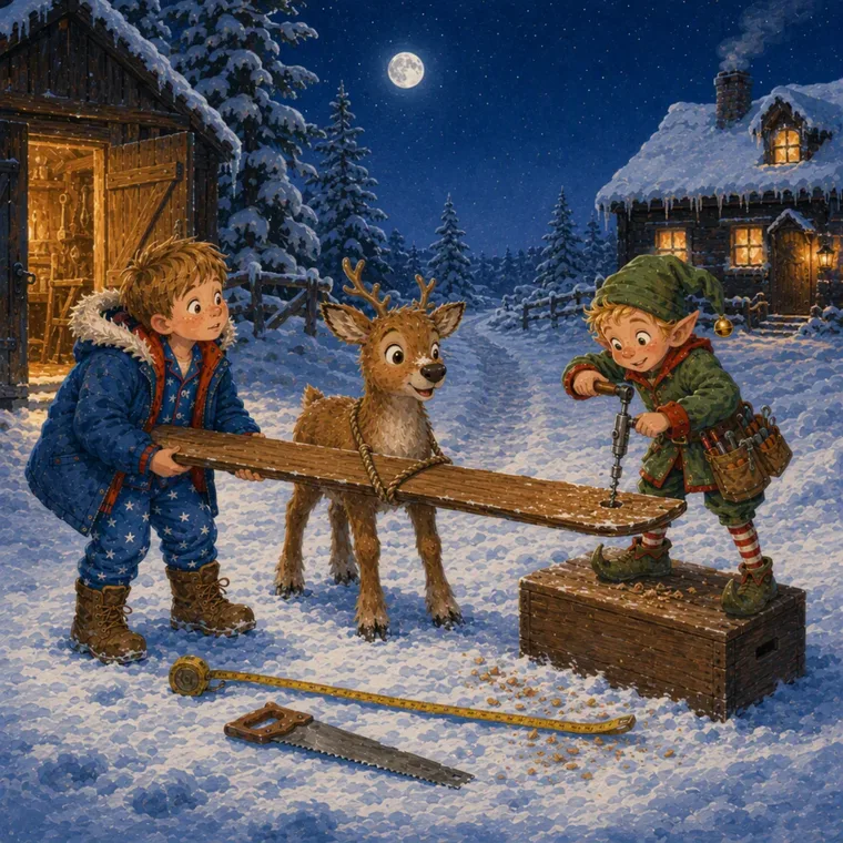 Sam, Nova e Pip l'elfo trasportano insieme uno sci di legno nella neve