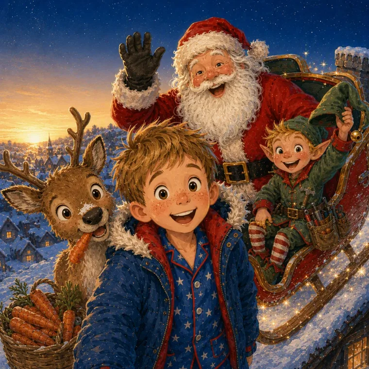 Sam, Babbo Natale, Nova e Pip sulla slitta all'alba
