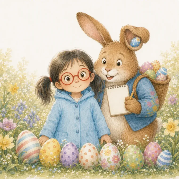 Mila e il Coniglio di Pasqua insieme accanto a tutte le uova che hanno trovato