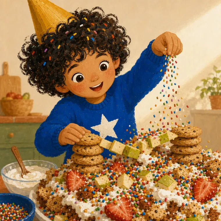 Jesse sparge i confettini sulla montagna di torta, frutta e biscotti